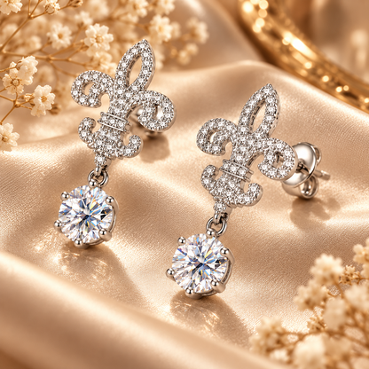 Fleur de Lis Moissanite Drop Earrings – 2.0ct Round Brilliant Dangle Earrings