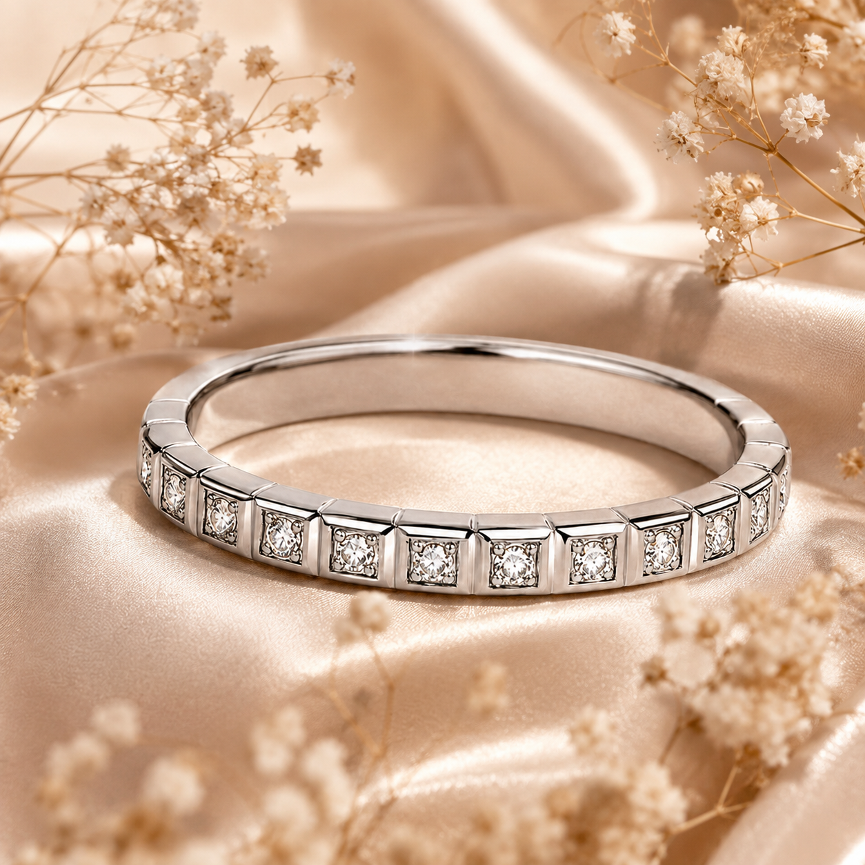 Round Brilliant Cut Moissanite Square Channel Half-Eternity Wedding Band