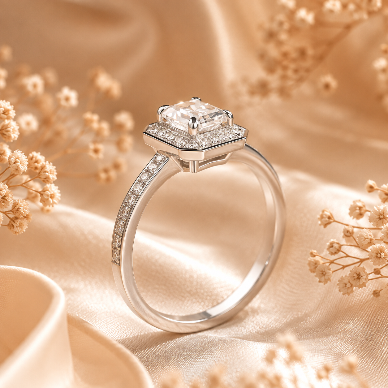 Elegant Emerald Halo Moissanite Engagement Ring