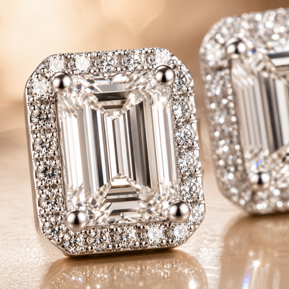 Emerald Cut Halo Moissanite Stud Earrings