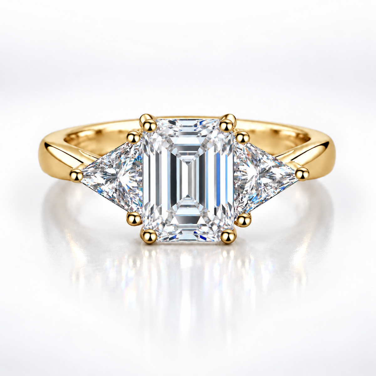3ct Emerald & Trillion Cut Moissanite Trilogy Engagement Ring