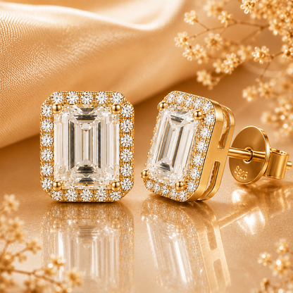 Emerald Cut Halo Moissanite Stud Earrings