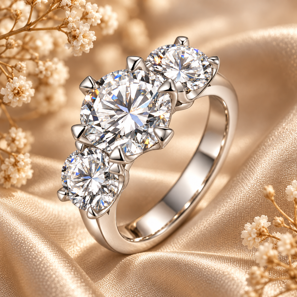 5ct Round Brilliant Moissanite Trilogy Engagement Ring
