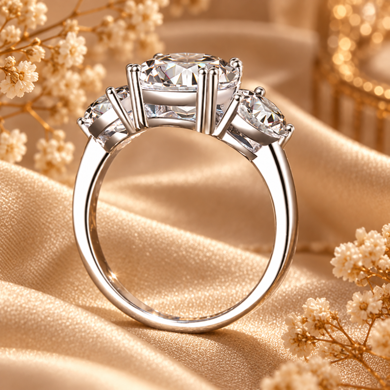 4ct Round Brilliant Moissanite Trilogy Engagement Ring