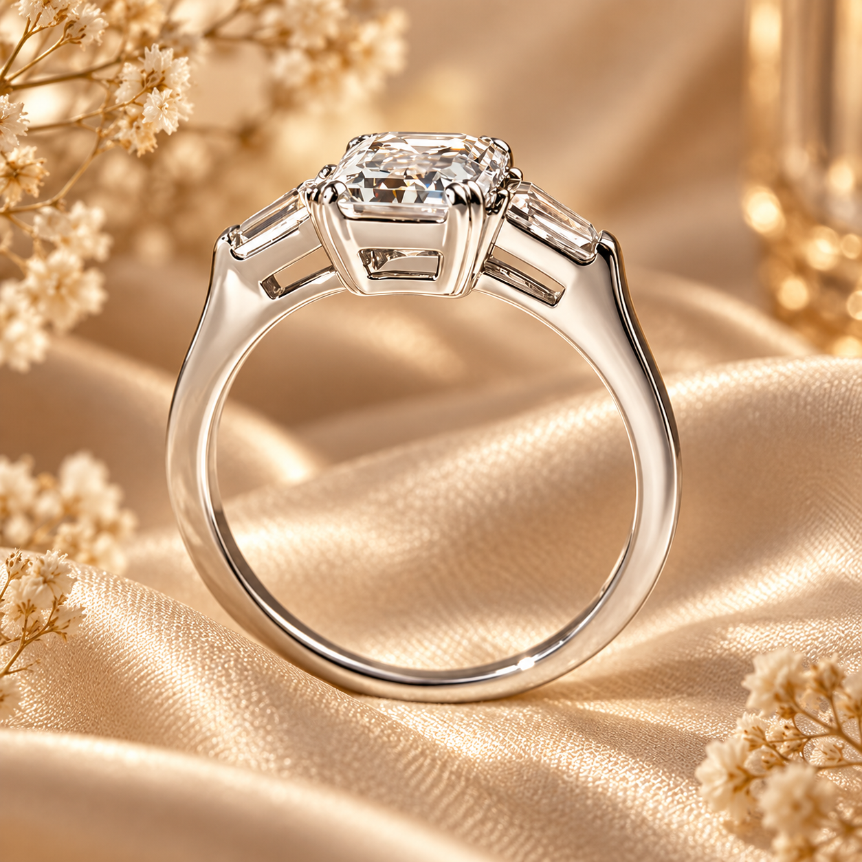 Emerald Cut & Tapered Baguette Moissanite Trilogy Engagement Ring