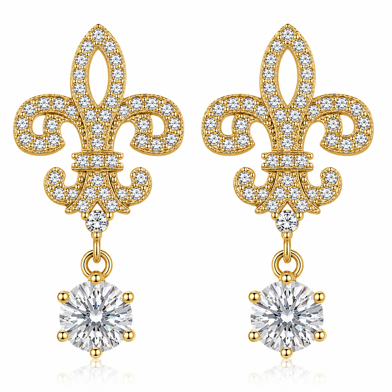 Fleur de Lis Moissanite Drop Earrings – 2.0ct Round Brilliant Dangle Earrings