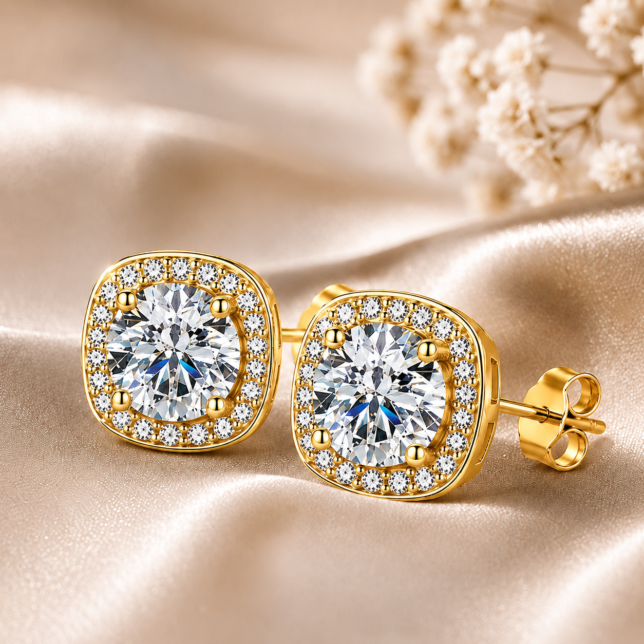 Halo Moissanite Stud Earrings – 925 Sterling Silver & Gold