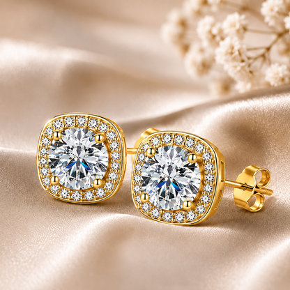 Halo Moissanite Stud Earrings – 925 Sterling Silver & Gold