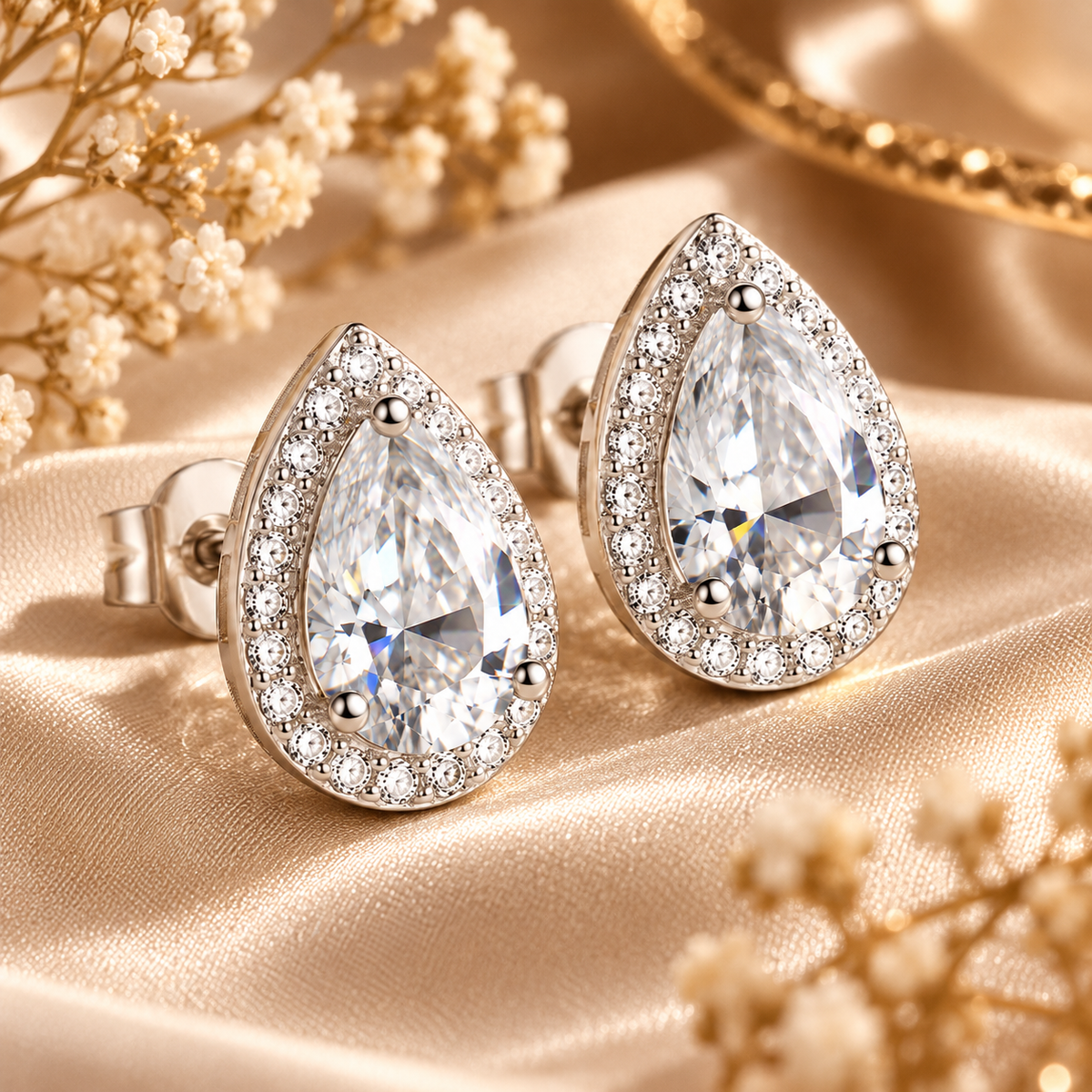 Pear Cut Moissanite Halo Stud Earrings