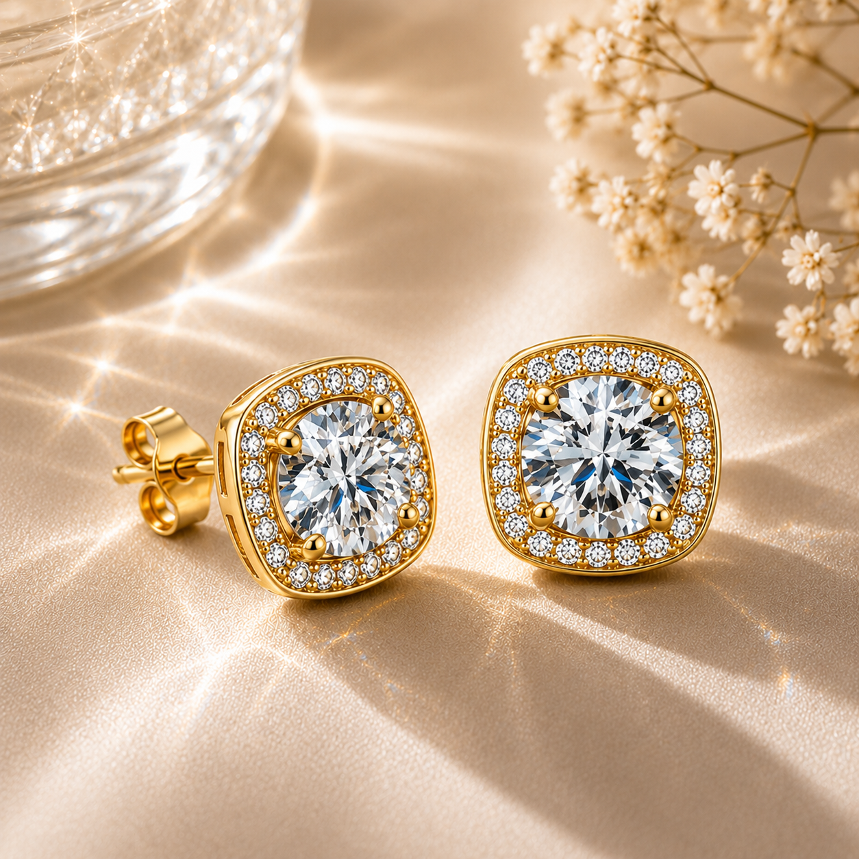 Halo Moissanite Stud Earrings – 925 Sterling Silver & Gold