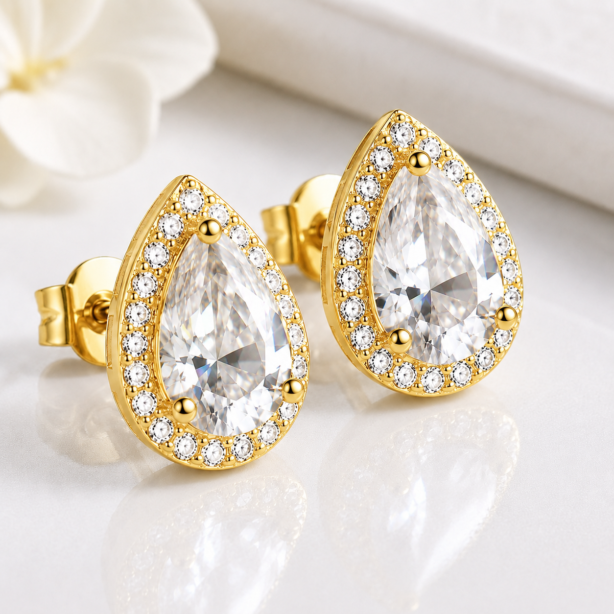 Pear Cut Moissanite Halo Stud Earrings