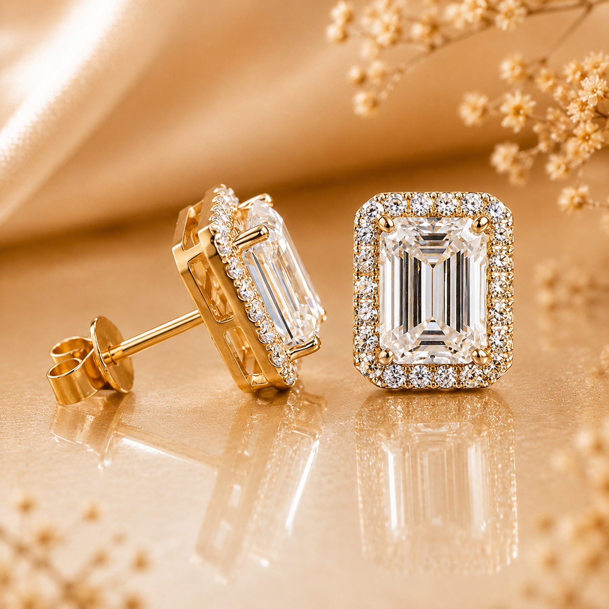 Emerald Cut Halo Moissanite Stud Earrings