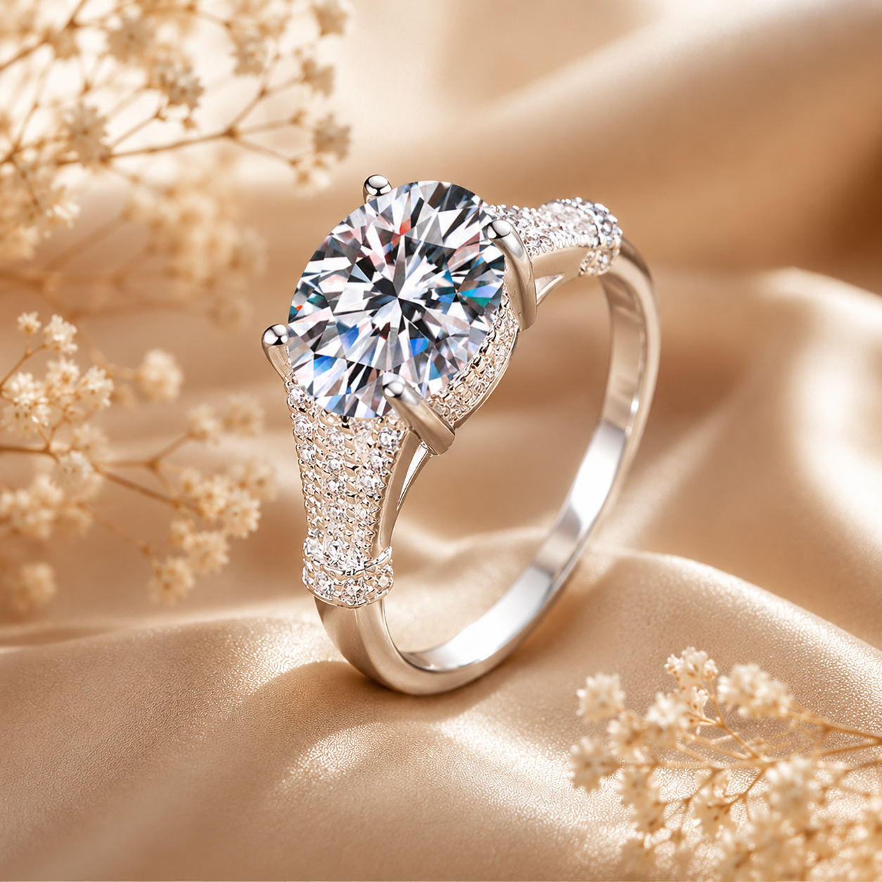 3ct Oval Cut Moissanite Multi-Row Pavé Engagement Ring