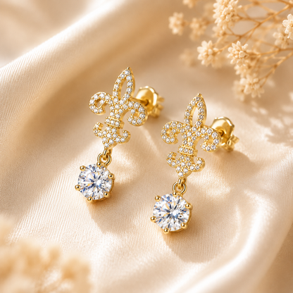 Fleur de Lis Moissanite Drop Earrings – 2.0ct Round Brilliant Dangle Earrings