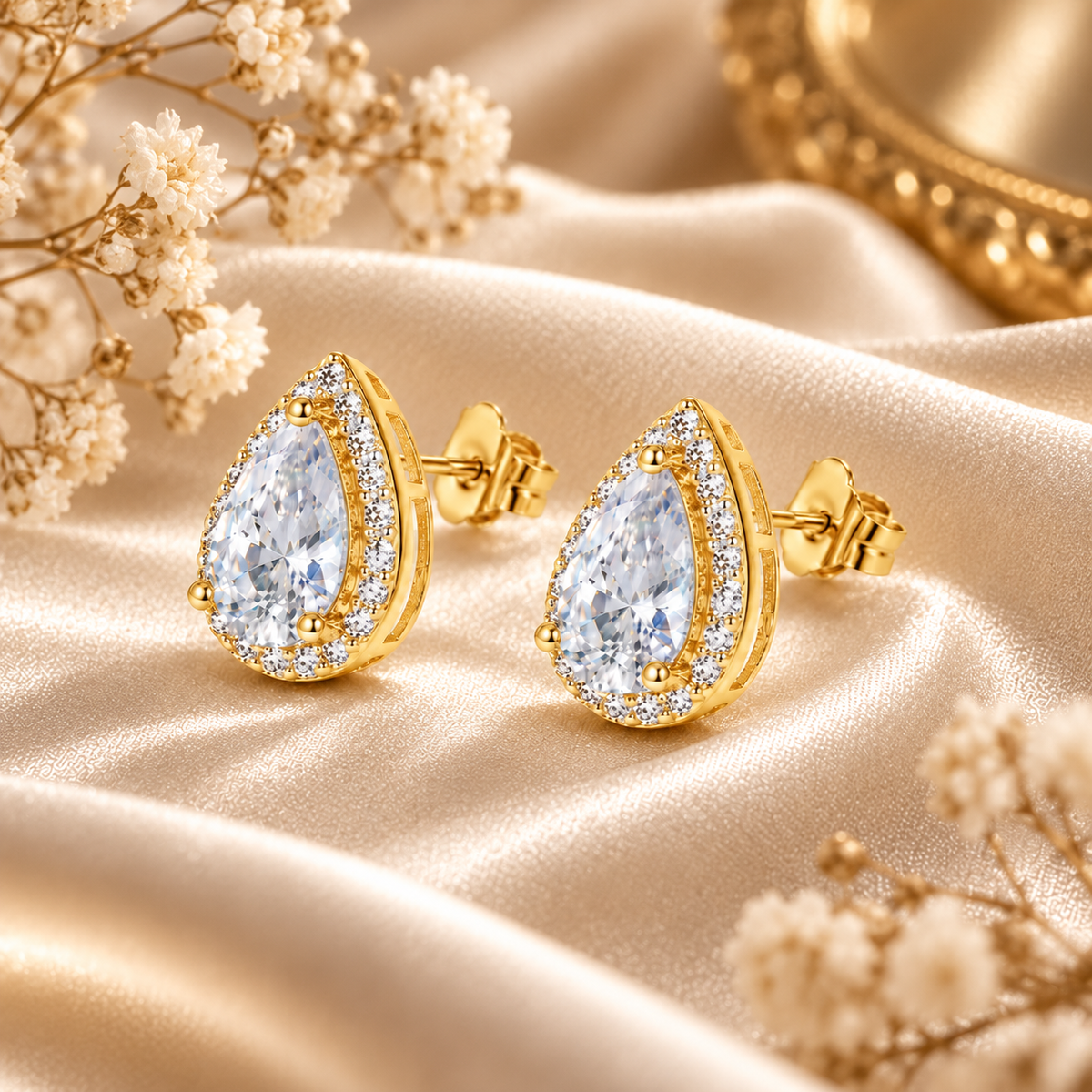 Pear Cut Moissanite Halo Stud Earrings