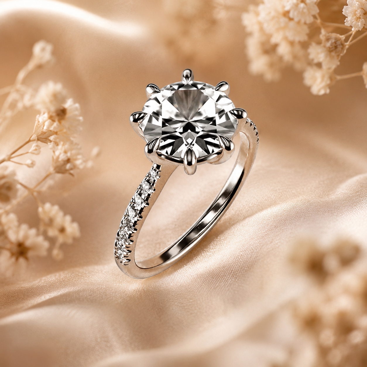 Round Brilliant Moissanite 8-Prong Pavé Engagement Ring