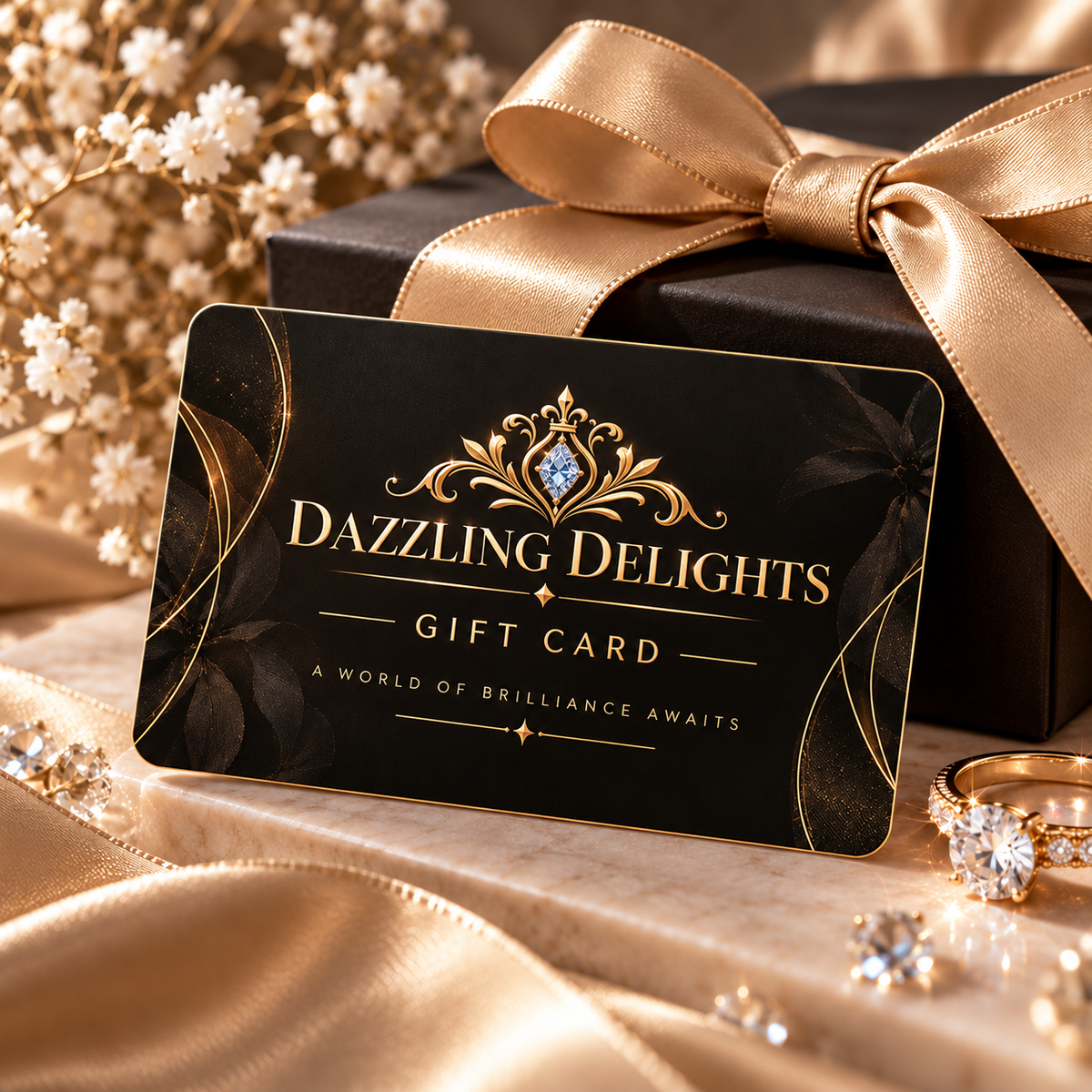 Luxury Dazzling Delights digital gift card in black and gold beside an elegant gift box, champagne ribbon, jewellery and crystal accents.